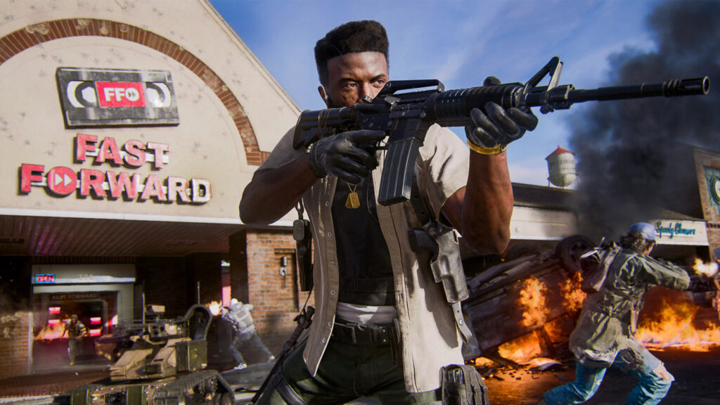 Image of Call of Duty player aiming with assault rifle on Rewind map